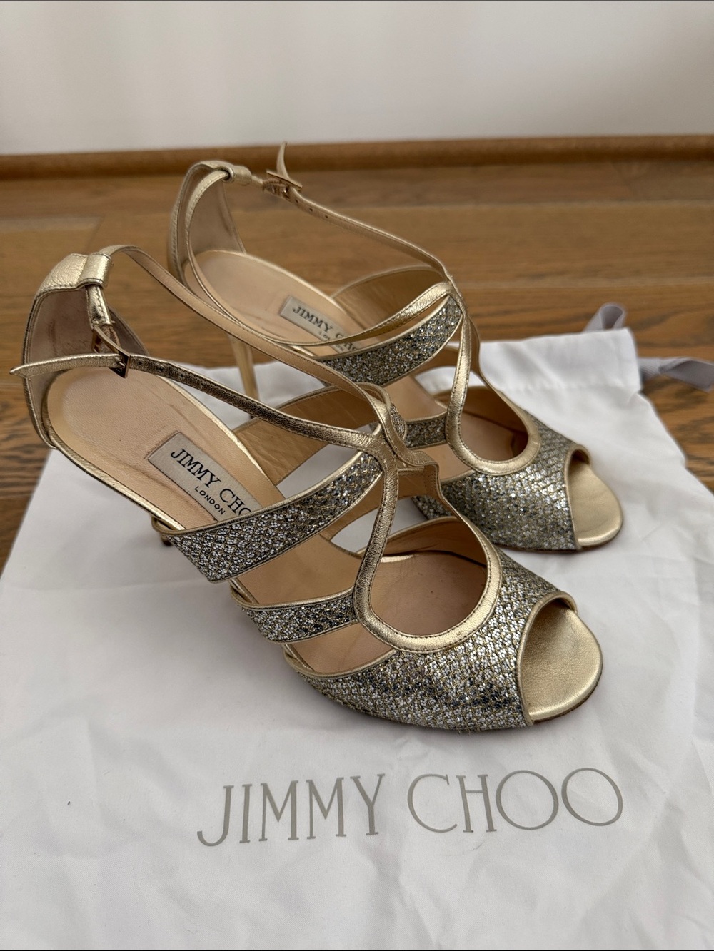 Jimmy Choo Metallic Gold & Silver Glitter Strappy Peep-Toe Heels